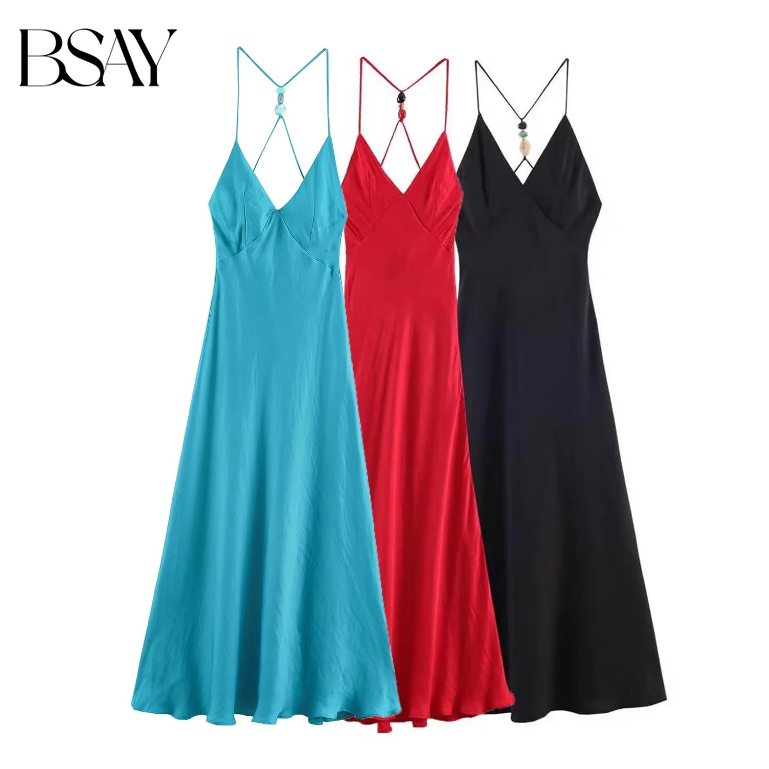 Tassel Fringe Trim - Sukienka damska satynowa na ramiączkach spaghetti,