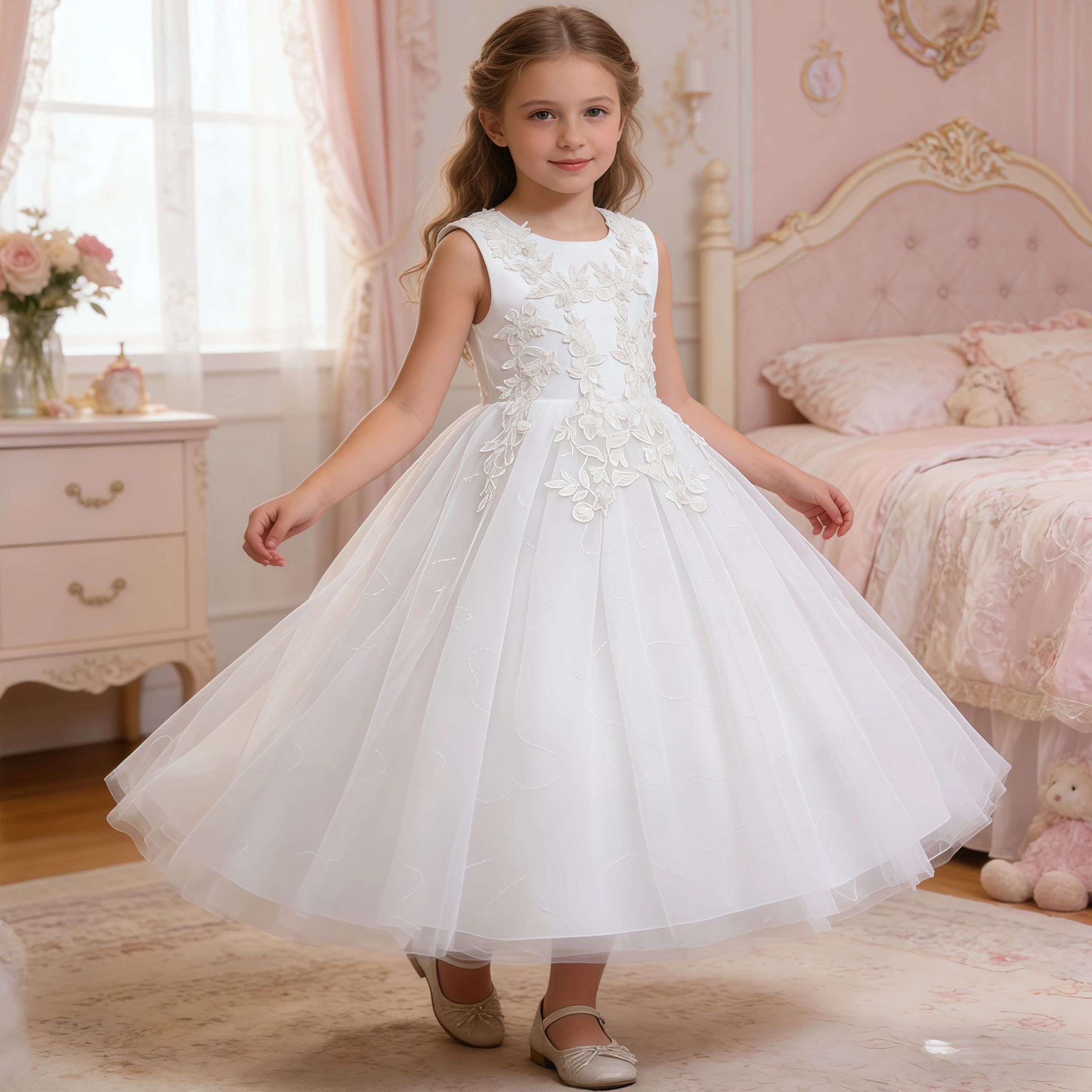Applique Patch Flower - Długa biała sukienka dla nastolatek z