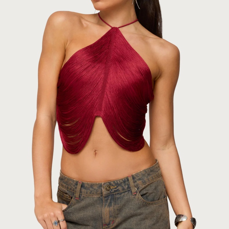 Tassel Fringe Trim - Damski top typu halter z frędzlami,