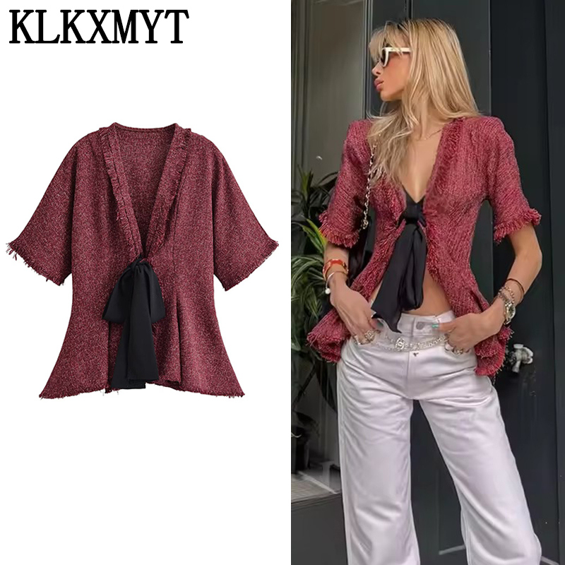 Tassel Fringe Trim - Elegancka damska bluzka z koronkowym wiązaniem,
