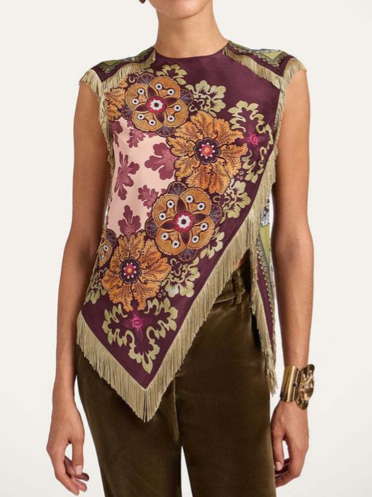 Tassel Fringe Trim - Damska bluzka vintage z kwiatowym nadrukiem,
